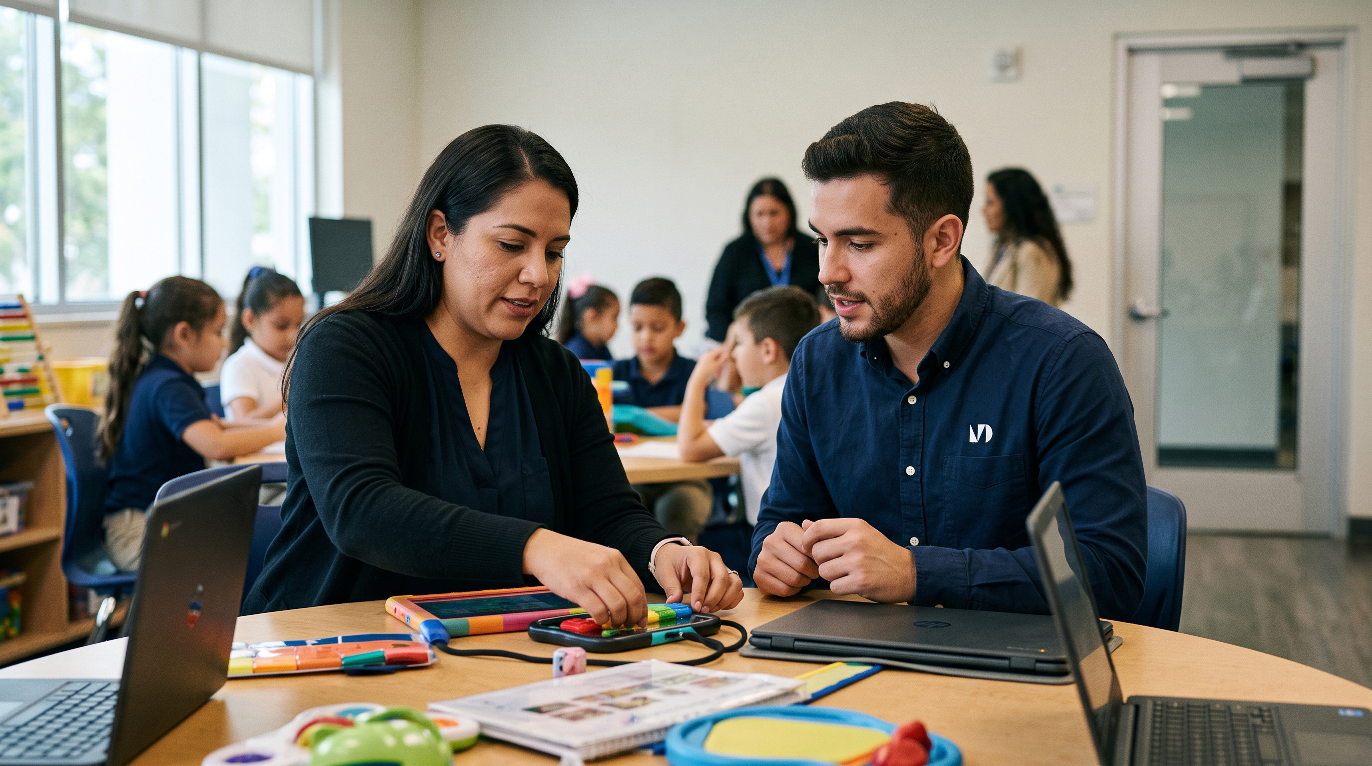 A teacher helping a student with a classroom activity